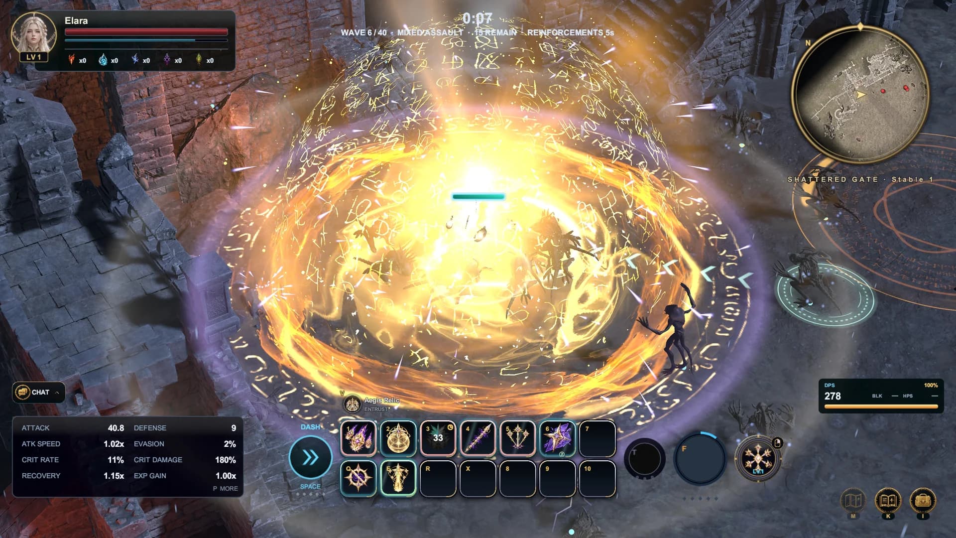 The Aether's true name skill, Genesis Light: a towering dome of golden glyphs erupts at the Shattered Gate.