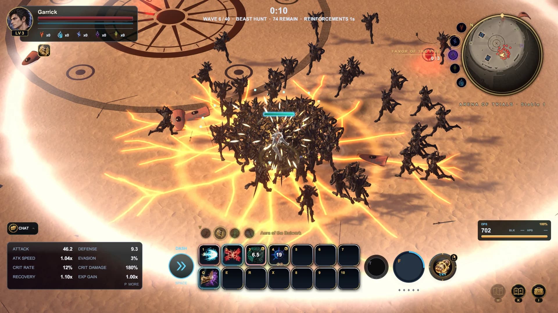 A sea of monsters closes in on the Vanguard in the Arena of Trials as his full moon of ki splits the ground in gold.