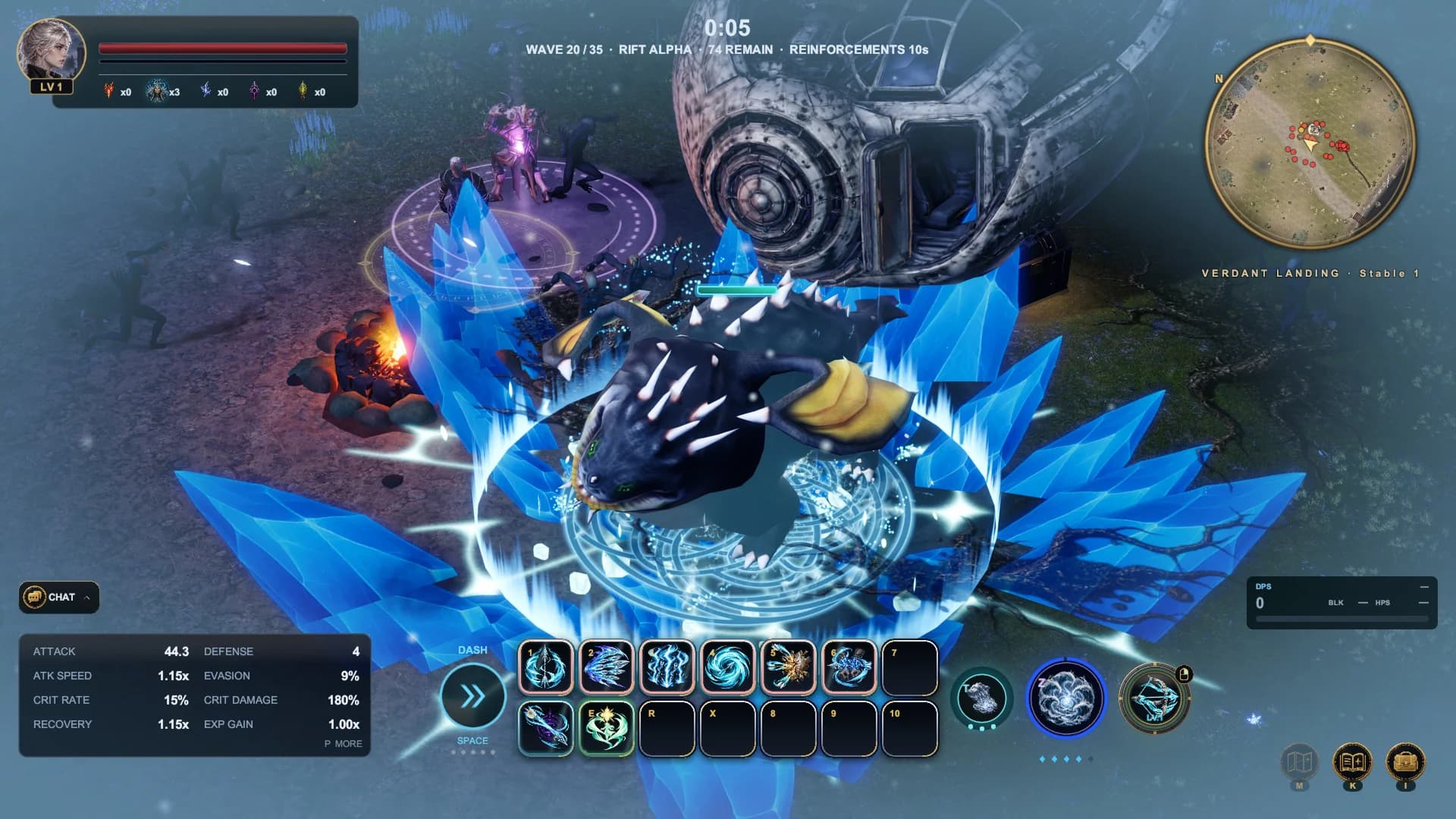 Awakened with the rain god Serain's power, the Windrunner raises a field of blue crystals around a giant beast.
