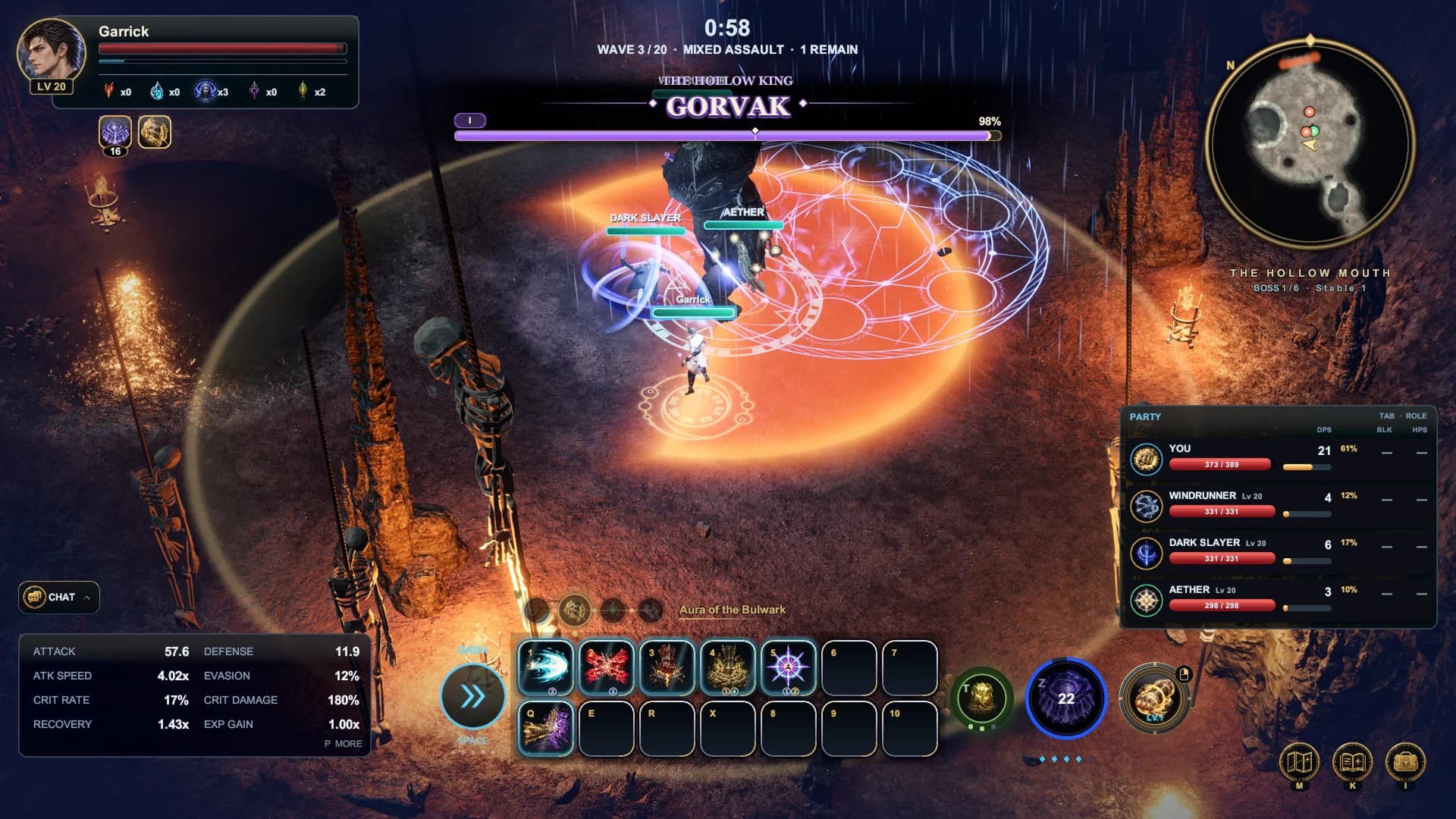 The party fights Gorvak, the Hollow King, in his cave as the Vanguard's ki and the Aether's runes light the ground.