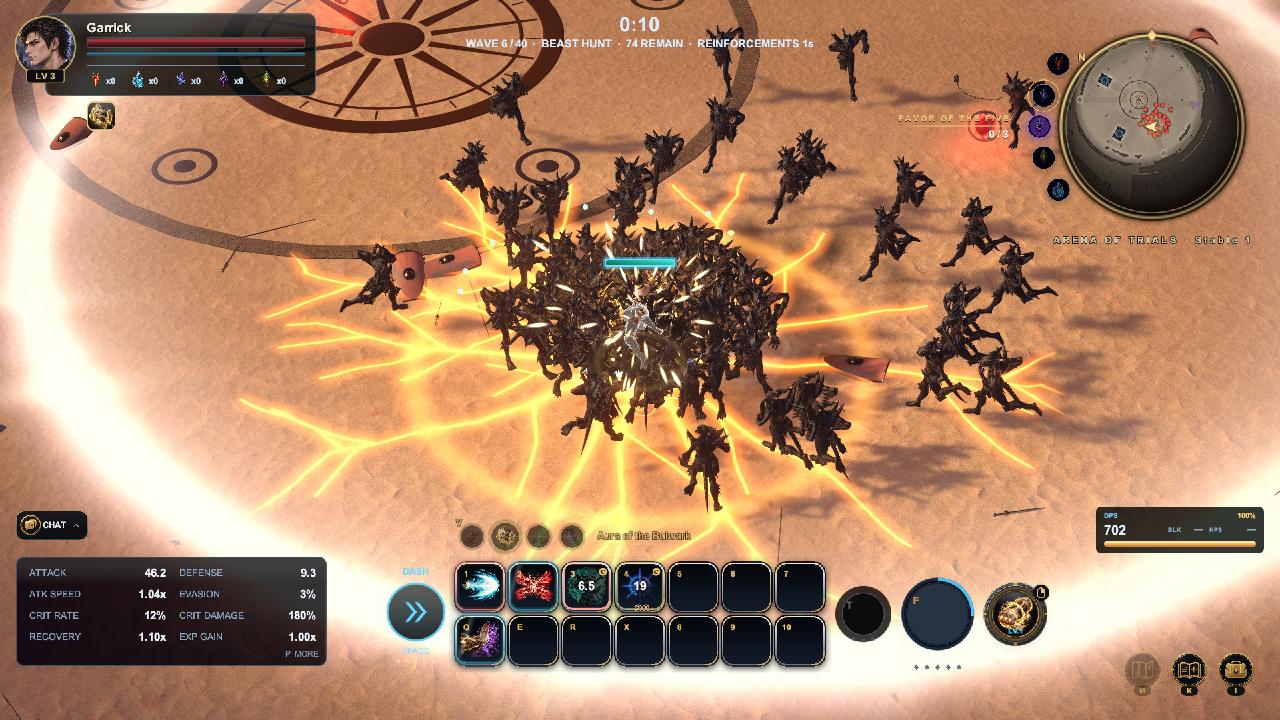 A sea of monsters closes in on the Vanguard in the Arena of Trials as his full moon of ki splits the ground in gold.
