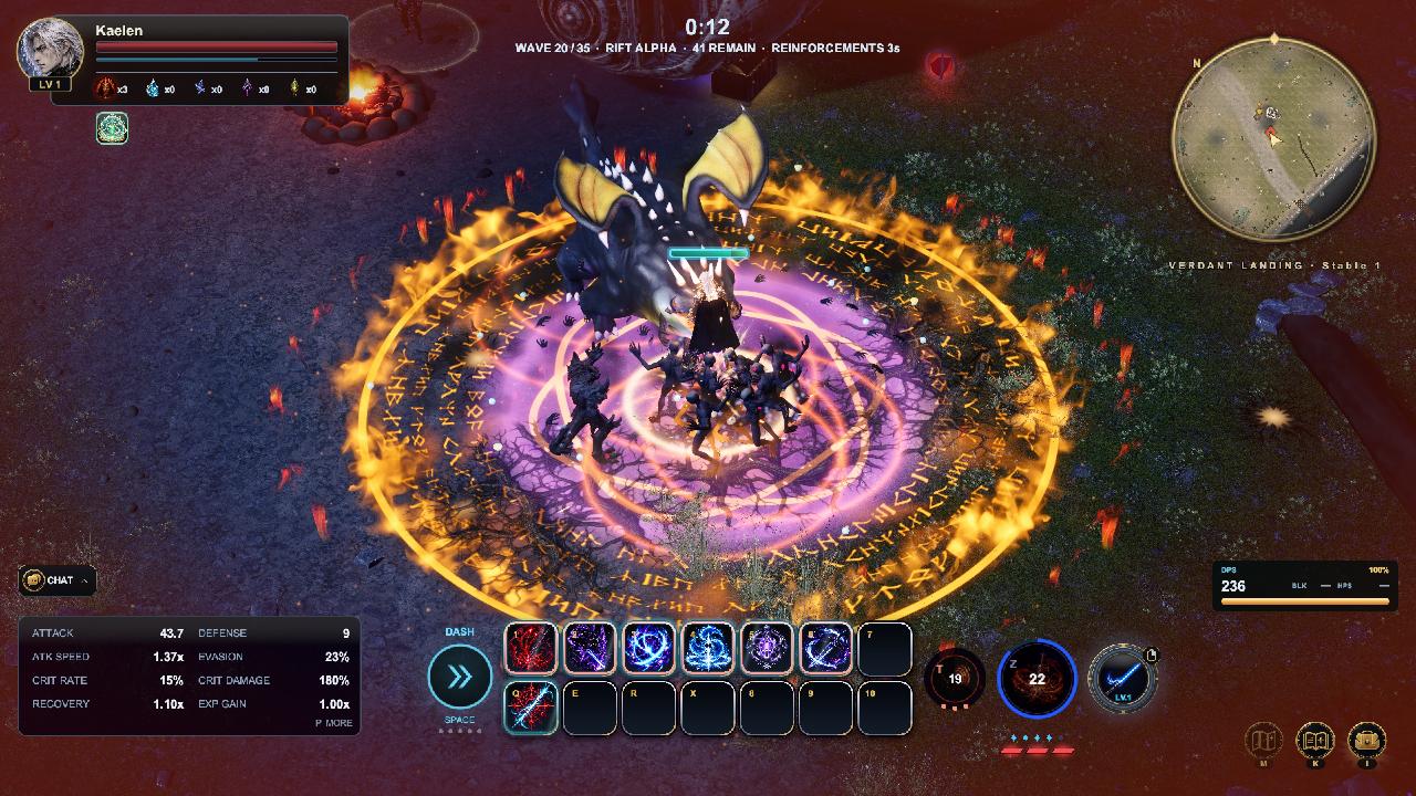 Awakened with the war god Karsein's flame, the Dark Slayer unleashes the Warflame Verdict: a ring of burning runes around a monstrous beast in the night meadow.