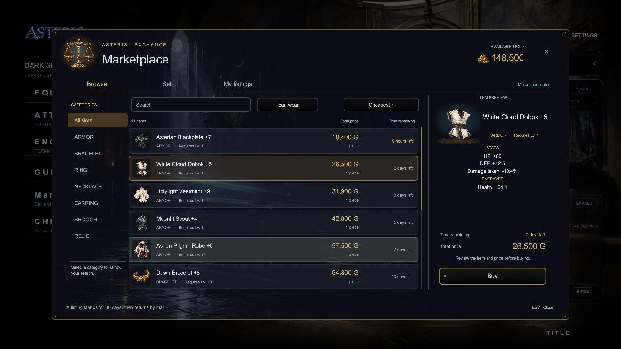 The marketplace: players list and buy gear for gold, filtered by slot, with the selected item's stats.