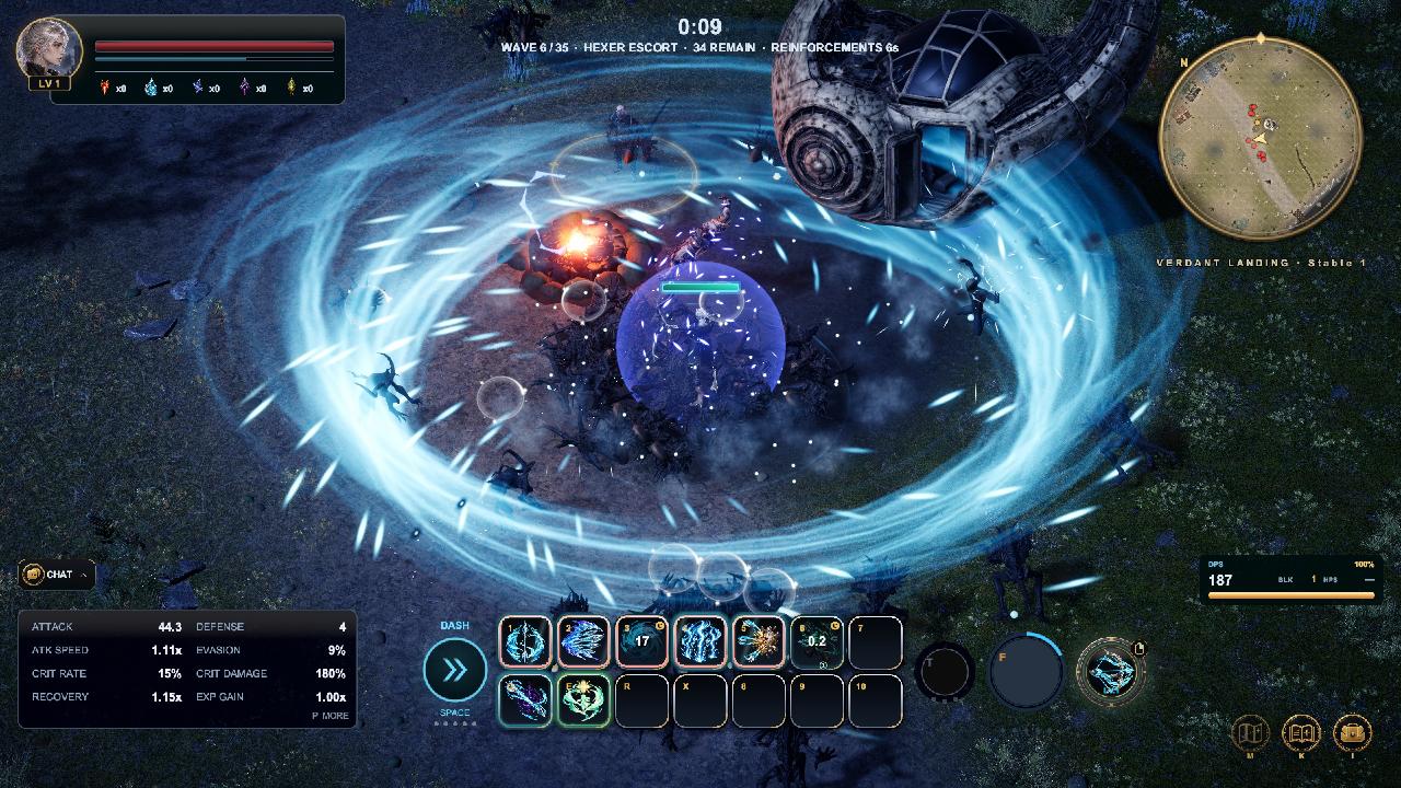 The Windrunner's true name skill, Eye of the Typhoon: a storm of blue wind swirls around her beside a crashed airship at night.