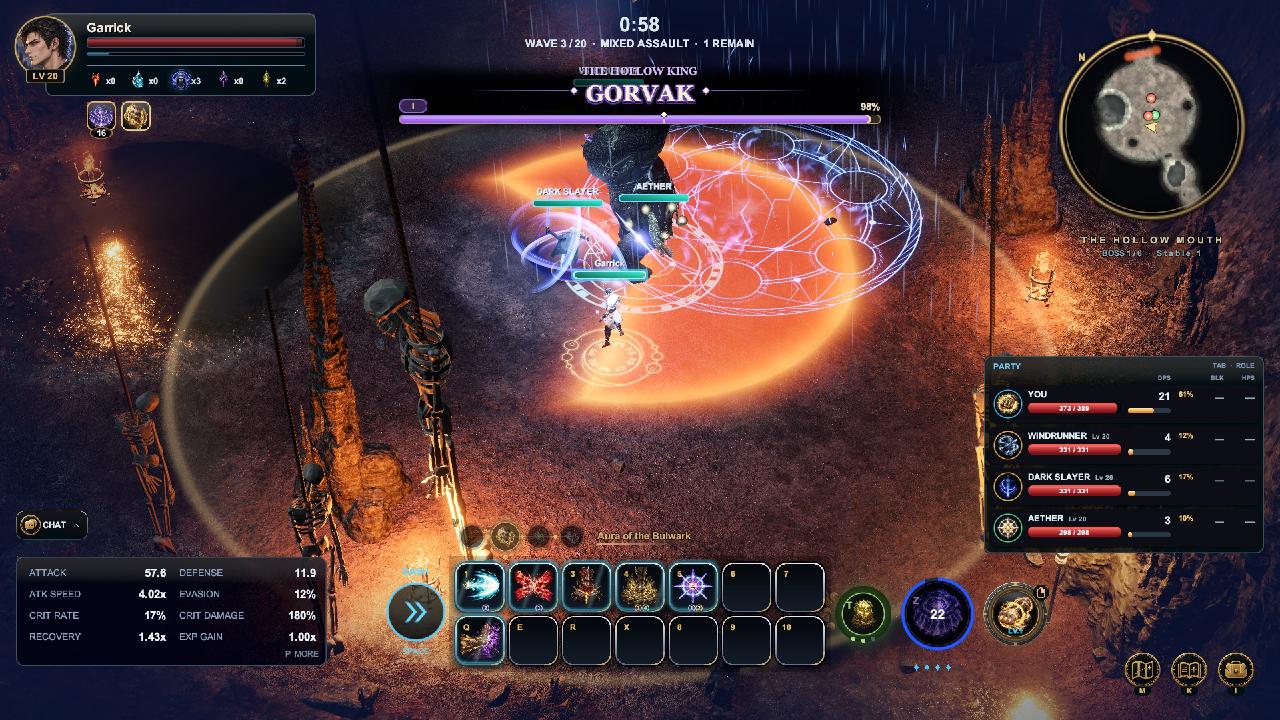The party fights Gorvak, the Hollow King, in his cave as the Vanguard's ki and the Aether's runes light the ground.