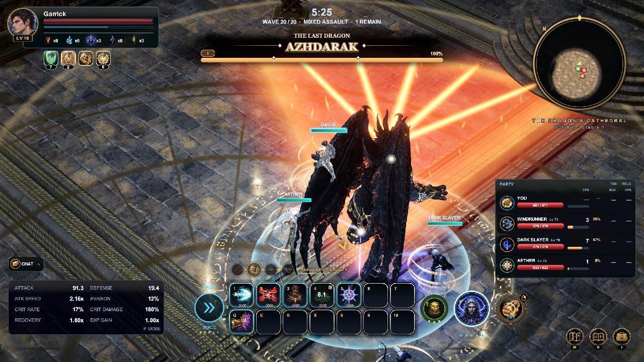 Four heroes - the Vanguard, Dark Slayer, Windrunner and Aether - fight Azhdarak, the Last Dragon, as golden beams burst from him over the Dragon's Cathedral.