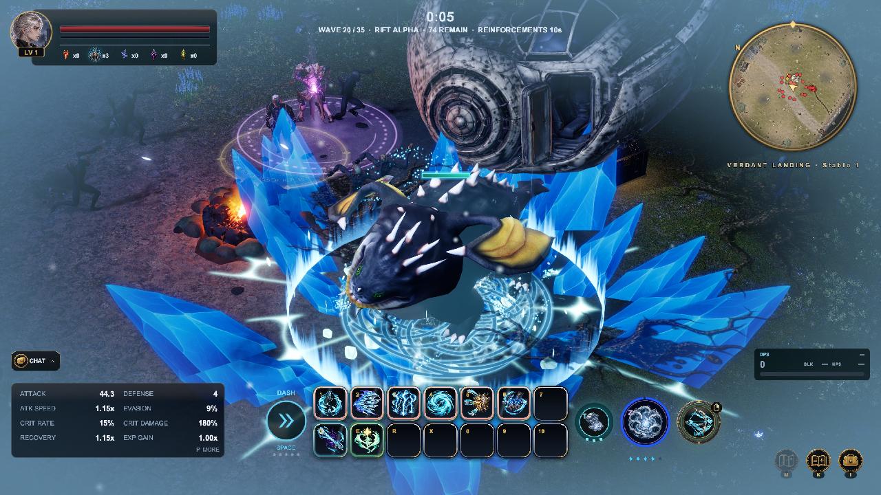 Awakened with the rain god Serain's power, the Windrunner raises a field of blue crystals around a giant beast.